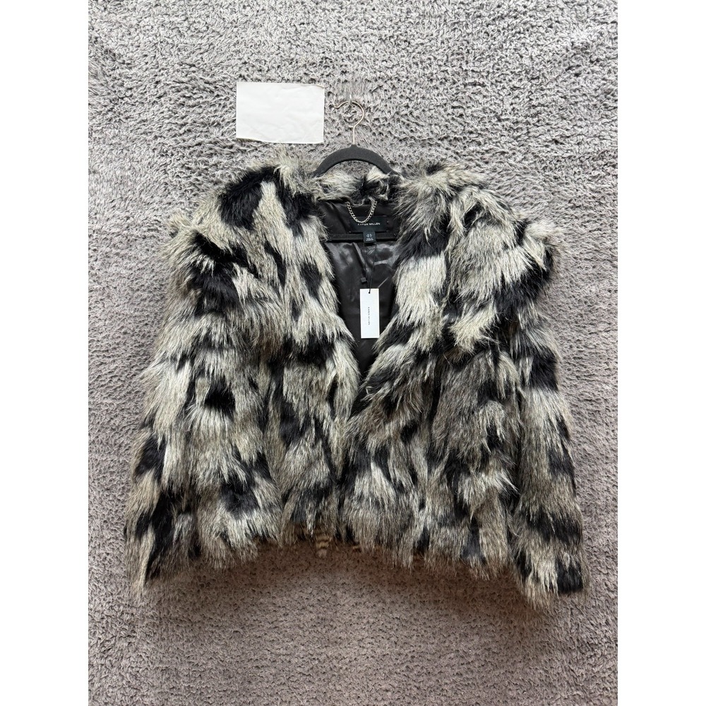 NWT Karen Millen Shawl Collar Patched Pile Faux Fur Short Coat Womens Size 12